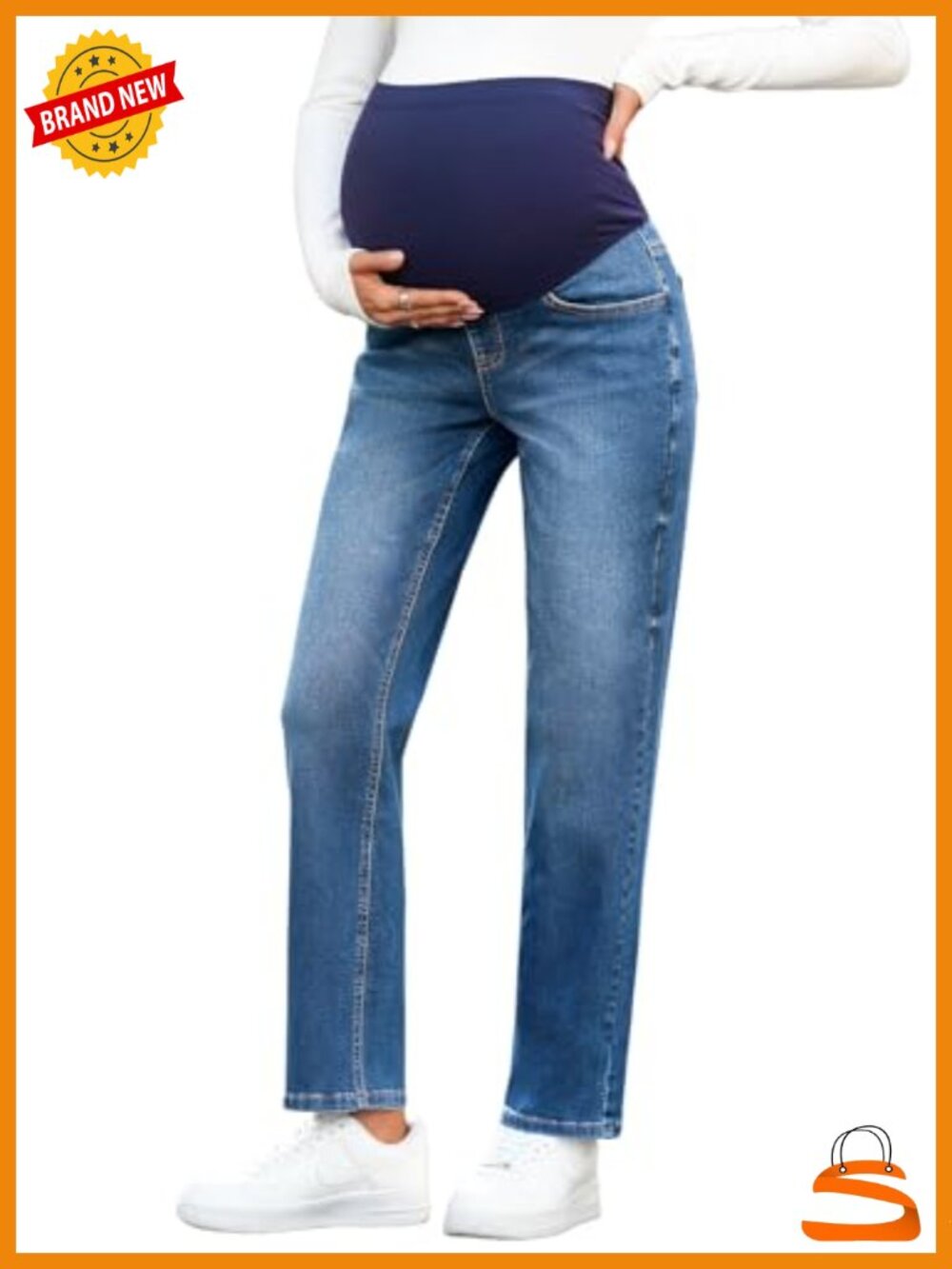 Maternity Ankle Jeans Stretchy Denim over Belly Panel with Pockets